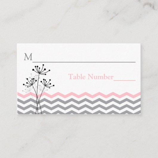 Roze, grijze Floral, Chevron Stripes Place Card Plaatskaartje (Voorkant)