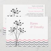 Roze, grijze Floral, Chevron Wedding Invite Kaart (Voorkant / Achterkant)