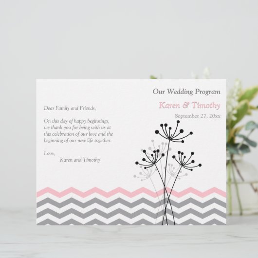 Roze, grijze Floral, Chevron Wedding Programme (Staand voorkant)
