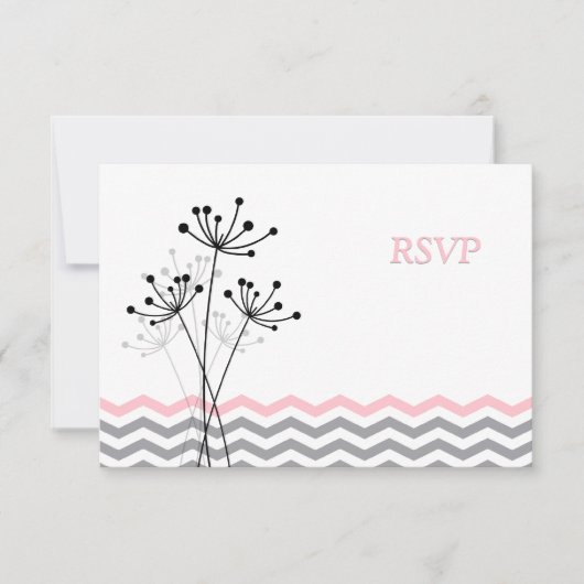 Roze, grijze Floral, Chevron Wedding RSVP Kaart (Voorkant)