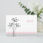 Roze, grijze Floral, Chevron Wedding RSVP Kaart (Staand voorkant)