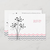 Roze, grijze Floral, Chevron Wedding RSVP Kaart (Voorkant / Achterkant)