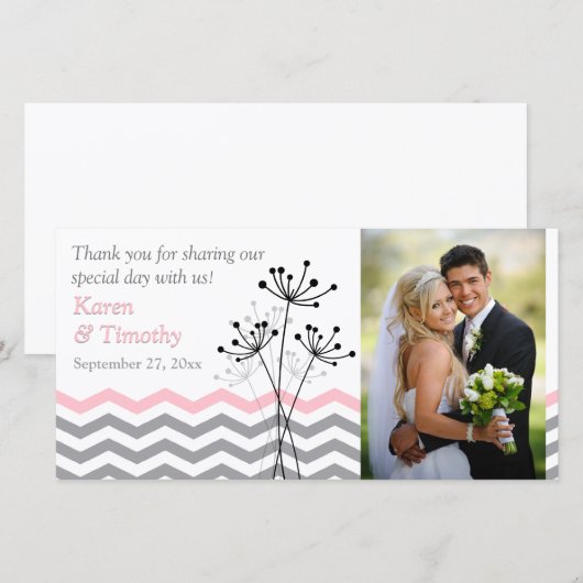 Roze, grijze Floral, Chevrons bruiloft fotokaart Bedankkaart (Voorkant / Achterkant)