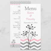 Roze, grijze Floral, Chevrons Wedding Menu Kaart (Voorkant / Achterkant)