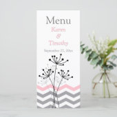 Roze, grijze Floral, Chevrons Wedding Menu Kaart (Staand voorkant)