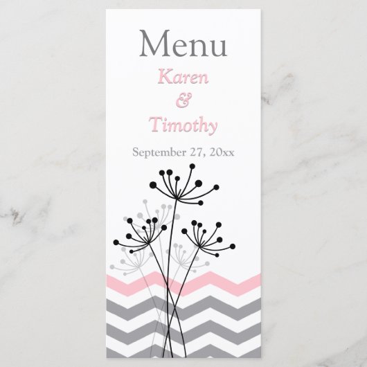 Roze, grijze Floral, Chevrons Wedding Menu Kaart (Voorkant)