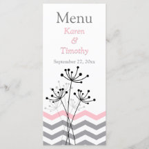 Roze, grijze Floral, Chevrons Wedding Menu Kaart