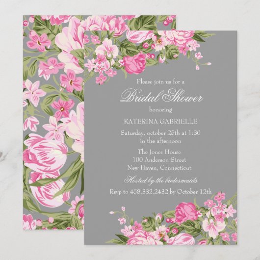 Roze grijze Floral Shabby Chic Vrijgezellenfeest I Kaart (Voorkant / Achterkant)