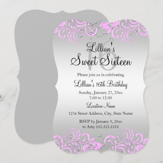 Roze grijze Floral Swirl Sweet 16 Invite Kaart (Voorkant / Achterkant)