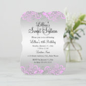 Roze grijze Floral Swirl Sweet 16 Invite Kaart (Staand voorkant)