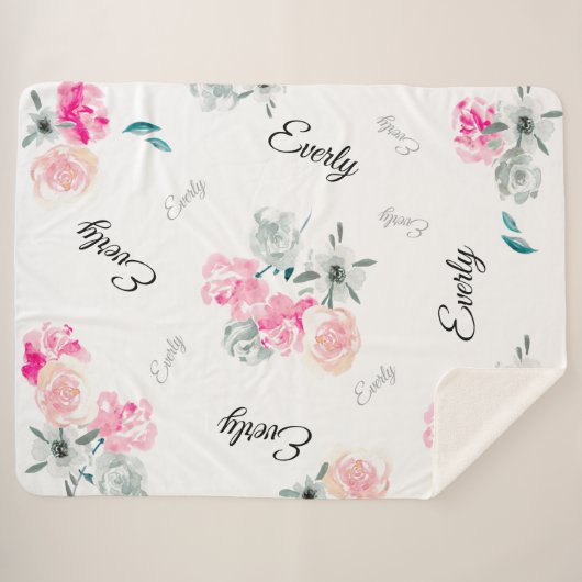 Roze grijze Floral waterverf Sherpa Deken (Voorkant (horizontaal))