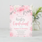 Roze grijze Floral Winter ONEderland 1e verjaardag Kaart (Staand voorkant)