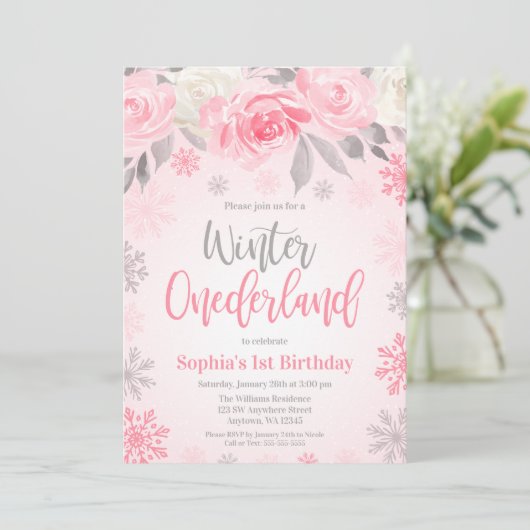 Roze grijze Floral Winter ONEderland 1e verjaardag Kaart (Staand voorkant)