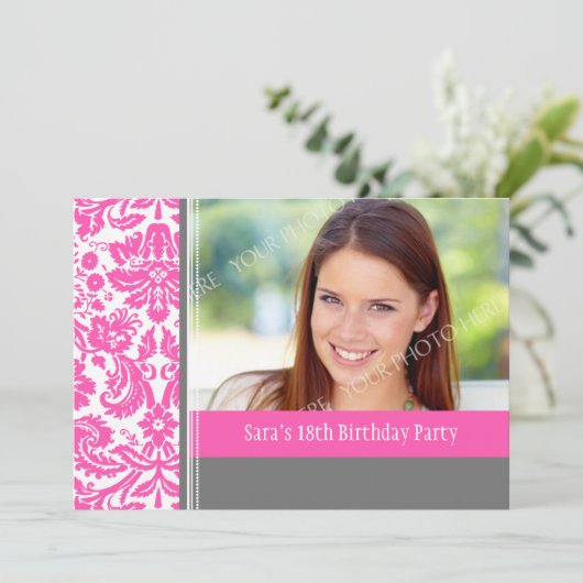 Roze grijze foto 18e verjaardag van de uitnodiging (Staand voorkant)