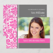 Roze grijze foto 18e verjaardag van de uitnodiging (Voorkant / Achterkant)