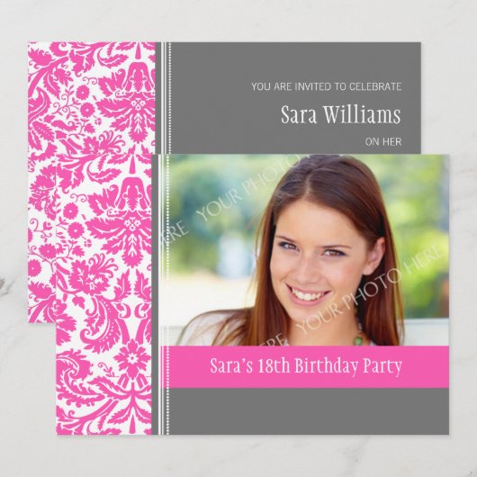 Roze grijze foto 18e verjaardag van de uitnodiging (Voorkant / Achterkant)