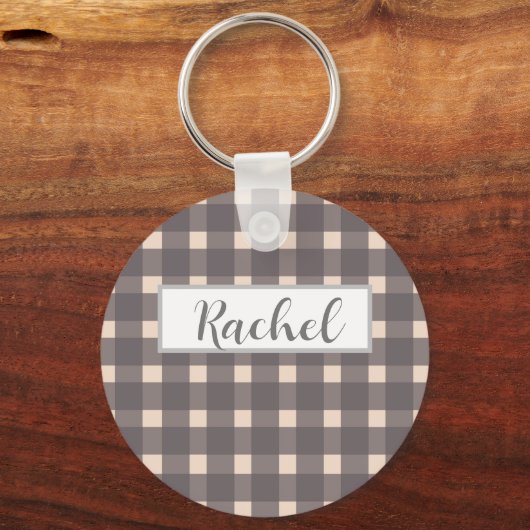 Roze grijze Gingham, gepersonaliseerd Sleutelhanger (Voorkant)