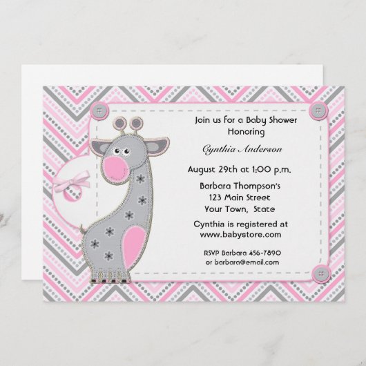 Roze grijze Giraffe Chevron Baby shower Uitnodigin Kaart (Voorkant / Achterkant)