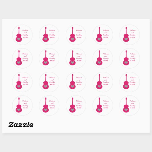 Roze/grijze gitaarhartweddenkers ronde sticker (Vel)