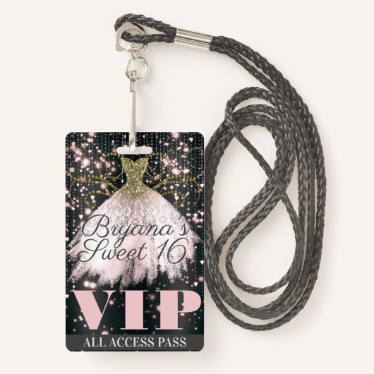 Roze grijze goudsparkle Dress Sweet 16 VIP-pas Badge (Voorkant met draagriem)
