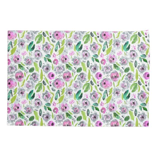 Roze grijze groene bloemen Waterverf Kussensloop (Achterkant)