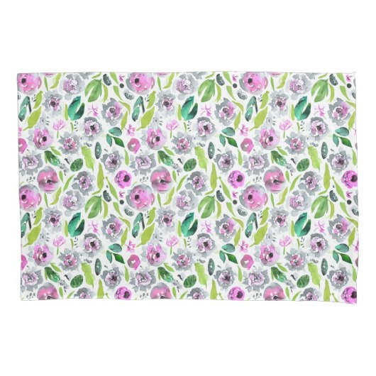 Roze grijze groene bloemen Waterverf Kussensloop (Voorkant)