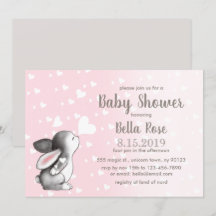 Roze grijze harten Bunny Baby Shower Invitaties