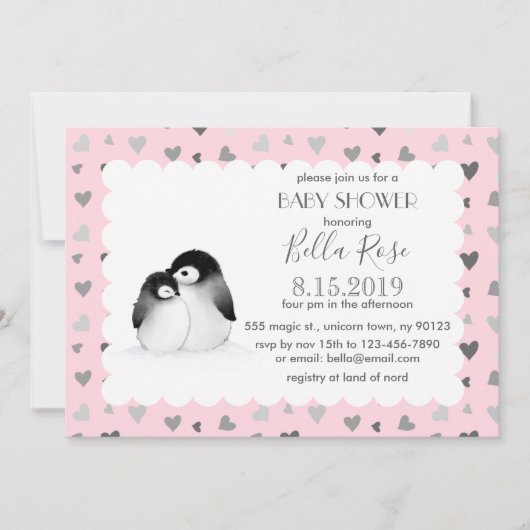 Roze grijze harten Penguins Baby Shower Invitation Kaart (Voorkant)