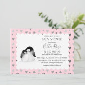 Roze grijze harten Penguins Baby Shower Invitation Kaart (Staand voorkant)