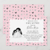 Roze grijze harten Penguins Baby Shower Invitation Kaart (Voorkant / Achterkant)