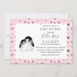 Roze grijze harten Penguins Baby Shower Invitation Kaart