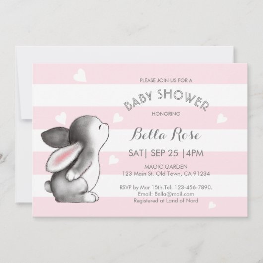 Roze grijze hartslag Bunny Baby Shower Invitaties Kaart (Voorkant)