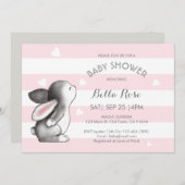 Roze grijze hartslag Bunny Baby Shower Invitaties Kaart (Voorkant / Achterkant)