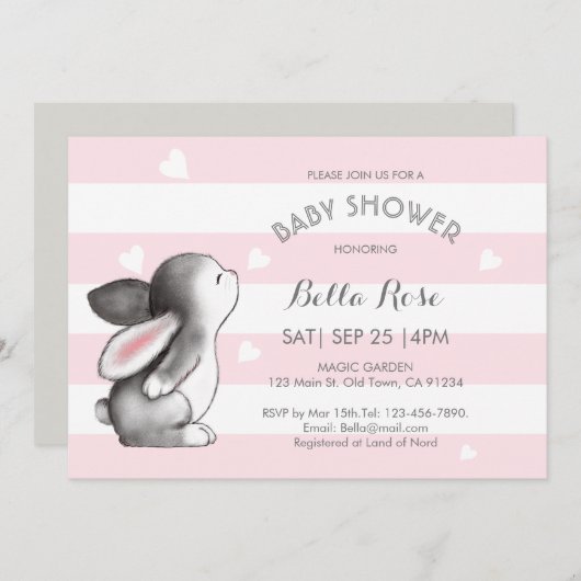 Roze grijze hartslag Bunny Baby Shower Invitaties Kaart (Voorkant / Achterkant)