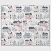 Roze Grijze Kerst Huizen op Wit Cadeaupapier (Vlak)
