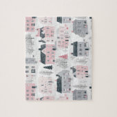 Roze Grijze Kerst Huizen op Wit Legpuzzel (Verticaal)