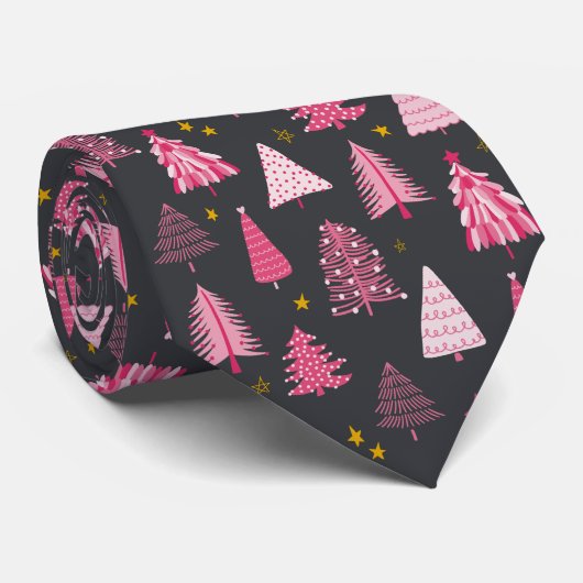 Roze & grijze kerstboom stropdas (Opgerold)