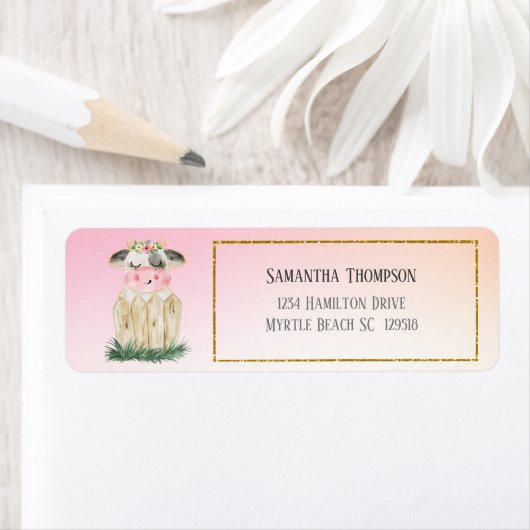 Roze grijze Koe Omheining Gold Glitter Adres Etiket (Insitu)