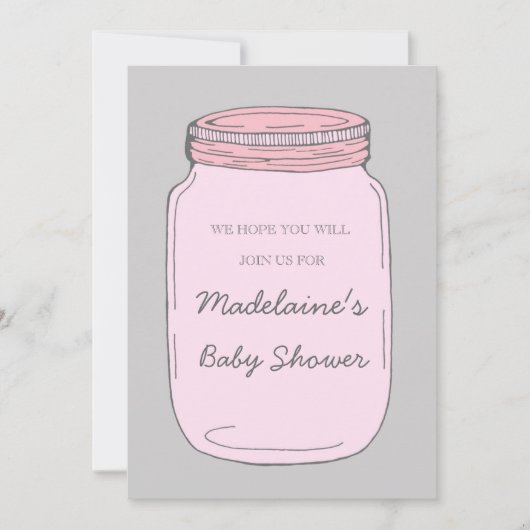 Roze grijze Mason Jar Custom Baby Shower Invitatie Kaart (Voorkant)