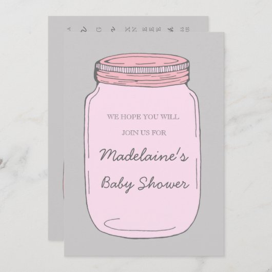 Roze grijze Mason Jar Custom Baby Shower Invitatie Kaart (Voorkant / Achterkant)
