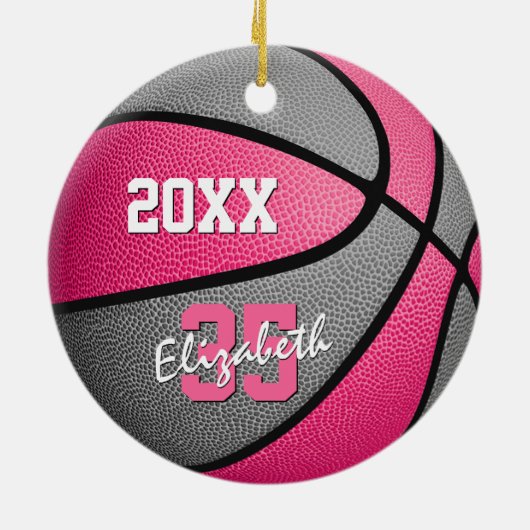 roze grijze meiden spelen basketbal keramisch ornament (Achterkant)
