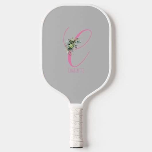 Roze grijze monogram bloem letter C Pickleball Paddle (Voorkant)