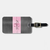 Roze grijze monogram geborsteld metaal bagagelabel (Voorkant horizontaal)