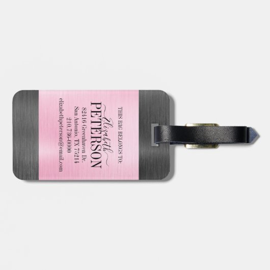 Roze grijze monogram geborsteld metaal bagagelabel (Achterkant horizontaal)