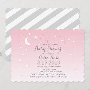 Roze grijze Moon Stars Girl Baby shower Invite Kaart
