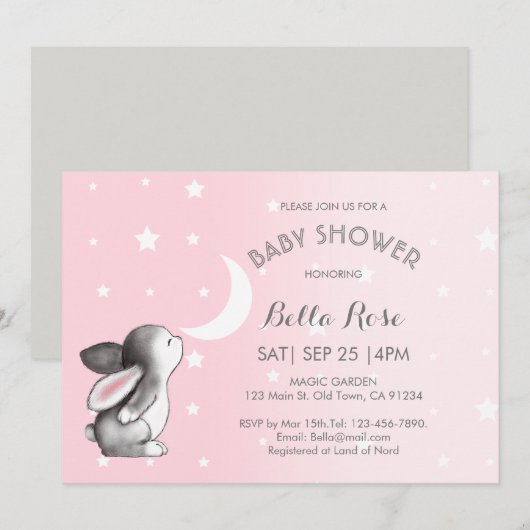 Roze grijze moonsterren Bunny Baby Shower Invitati Kaart (Voorkant / Achterkant)
