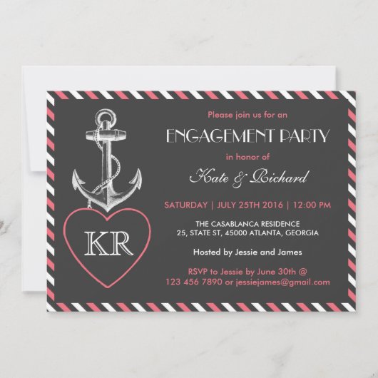 Roze grijze Nautical Anchor Engagement Party nodig Kaart (Voorkant)