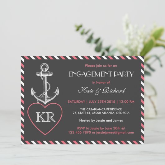 Roze grijze Nautical Anchor Engagement Party nodig Kaart (Staand voorkant)