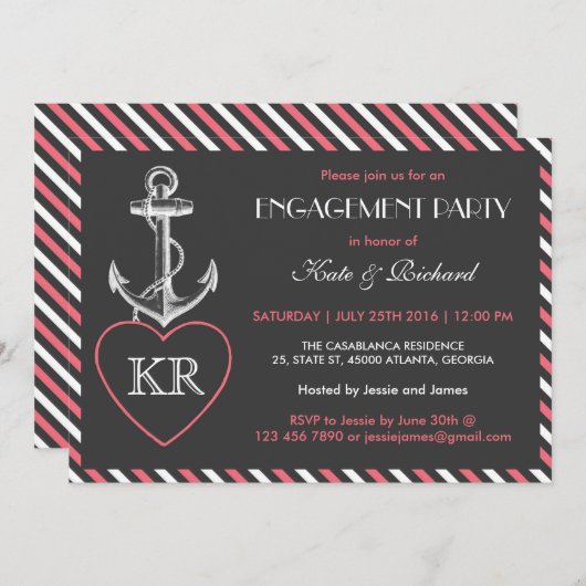 Roze grijze Nautical Anchor Engagement Party nodig Kaart (Voorkant / Achterkant)