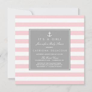 Roze grijze Nautical Stripes Baby shower Uitnodigi Kaart